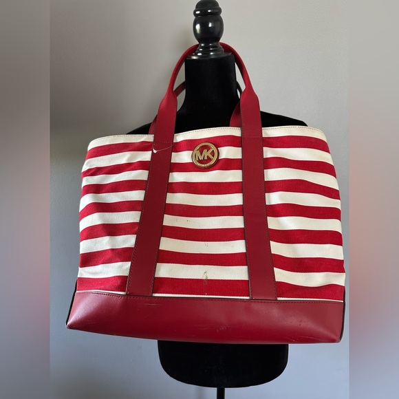 Michael Kors Logo Purse Hand Bag Red White Striped Canvas & Leather Tote - Picture 1 of 8
